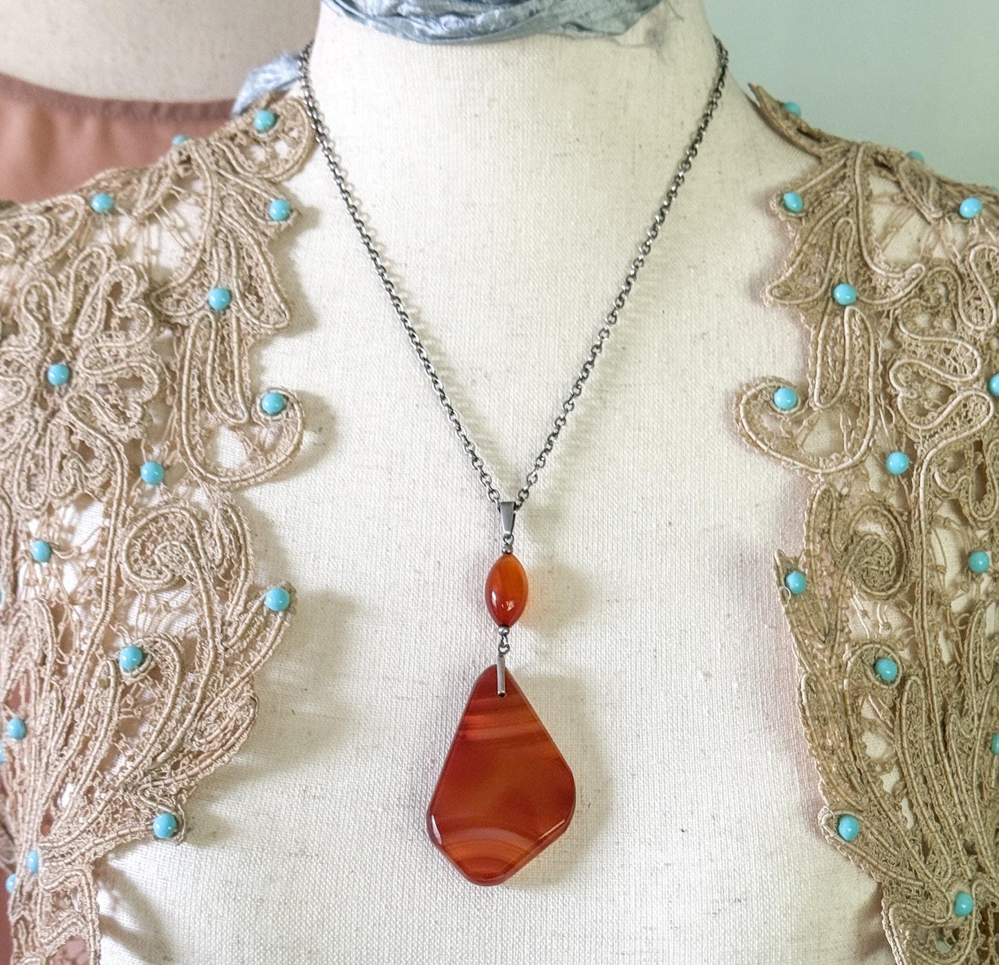 Vintage Banded Agate Freeform Stone pendant necklace in Sterling Silver