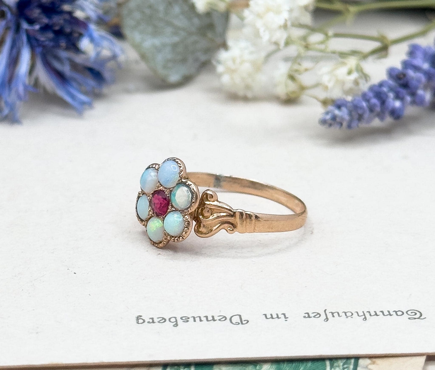 Antique Victorian Opal Flower Ring in 10K Rosę Gold w Ruby Paste Centerstone