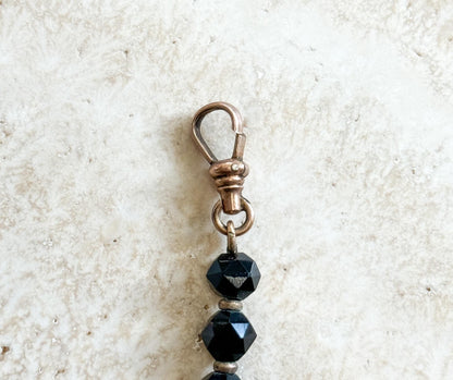Victorian Ladies French Jet Watch Chain Fob Black Glass w T Bar