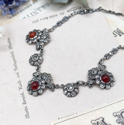Antique Art Deco Carnelian & Marcasite Sterling Silver Floral Necklace