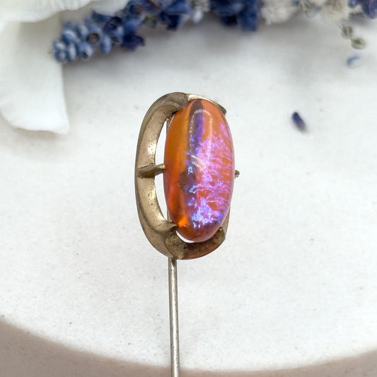 Antique stick pin with rare dragons breath glass cabochon 