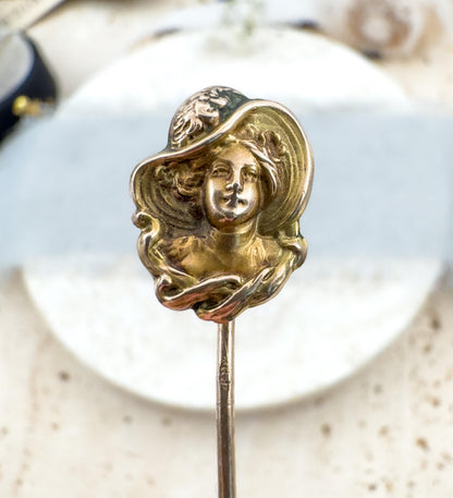 Art Nouveau Stick Pin Lady in Hat Edwardian Gibson Girl Pin