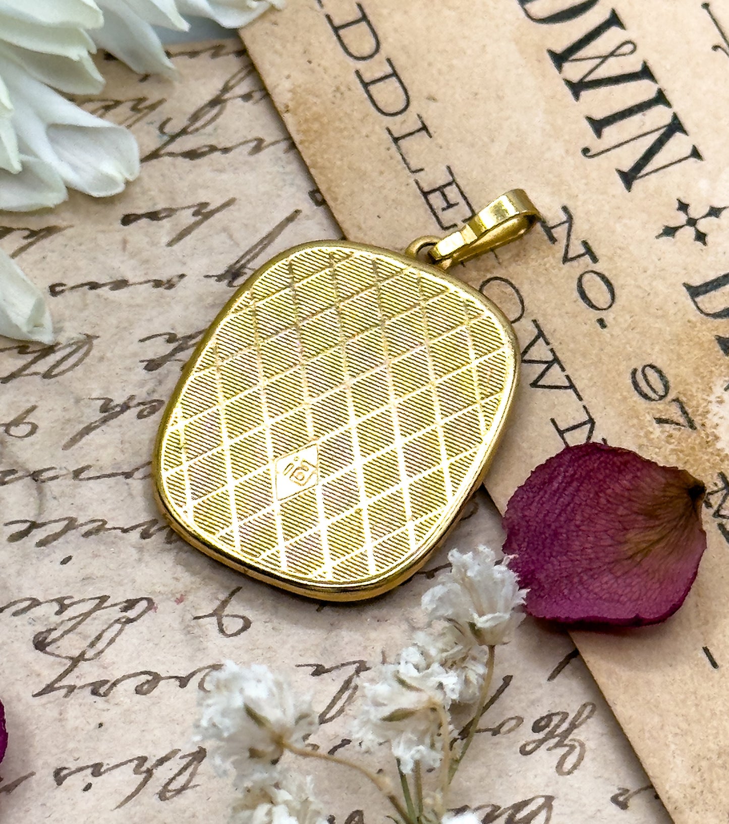 Vintage Damascene Pendant Black and Gold Flower Pendant