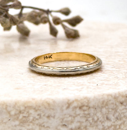 Vintage Midcentury Ring Two Tone Gold 14K Gold Engine Turned Vintage Ring