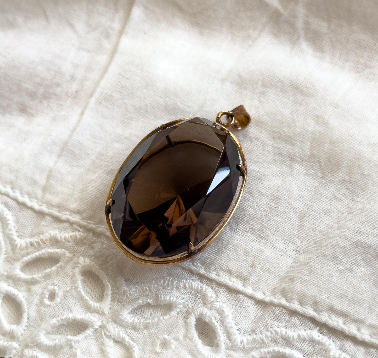Vintage 42CT Smoky Quartz Pendant in 14K Gold Large Quartz Pendant
