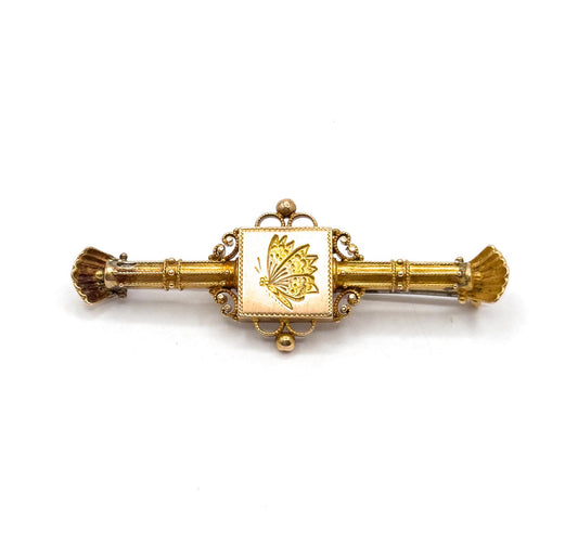 Antique Victorian Butterfly Brooch Etruscan Revival Bar Pin Etched Insect Jewelry