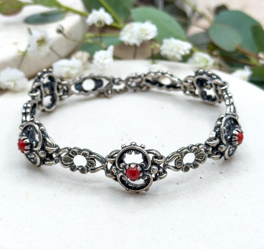 Vintage Silver Bracelet with Red Coral Colored Cabochons Vintage 835 European Art Nouveau inspired