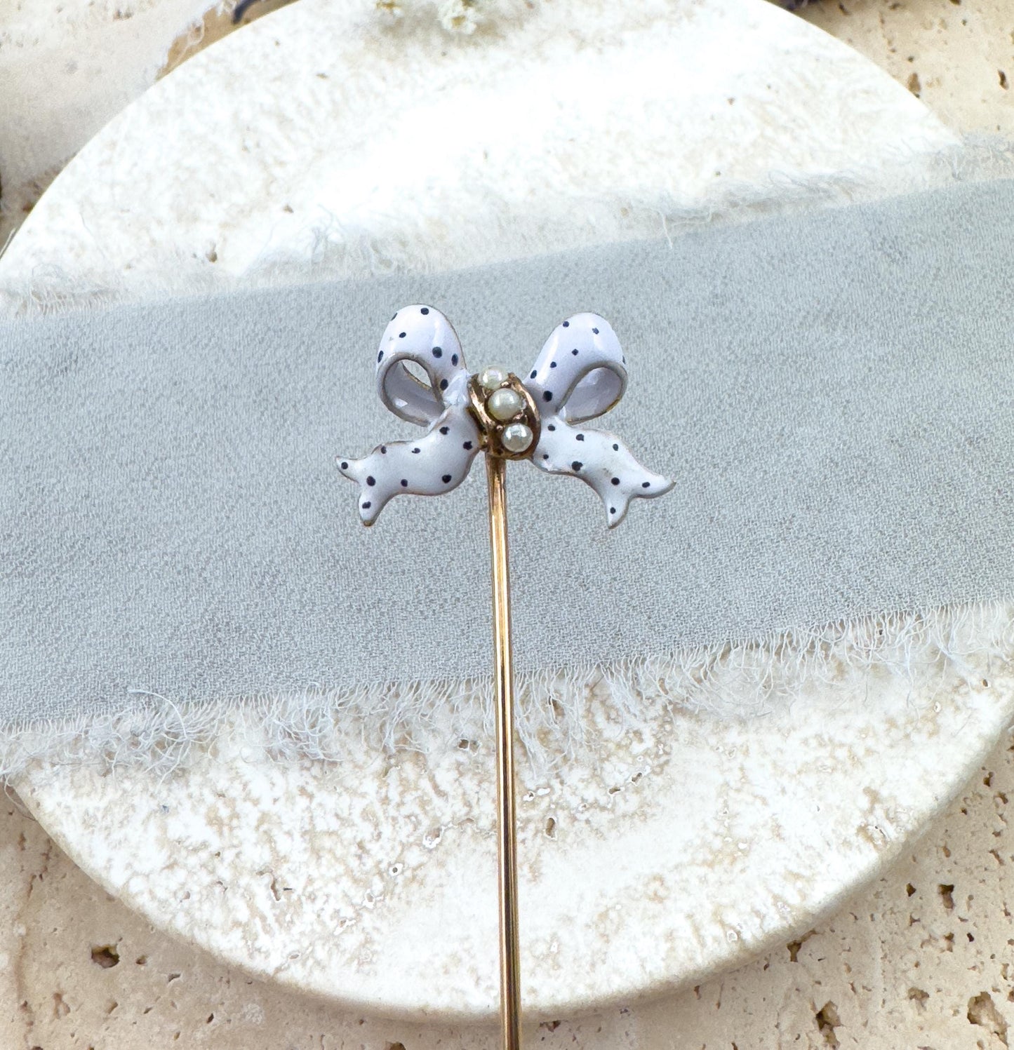 Victorian Bow Pin with Polka Dot Enamel & Seed Pearls in 15K Gold