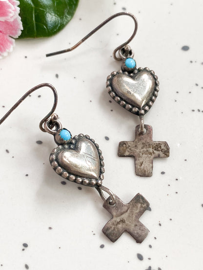 Vintage Silver heart & cross dangle earrings with Turquoise