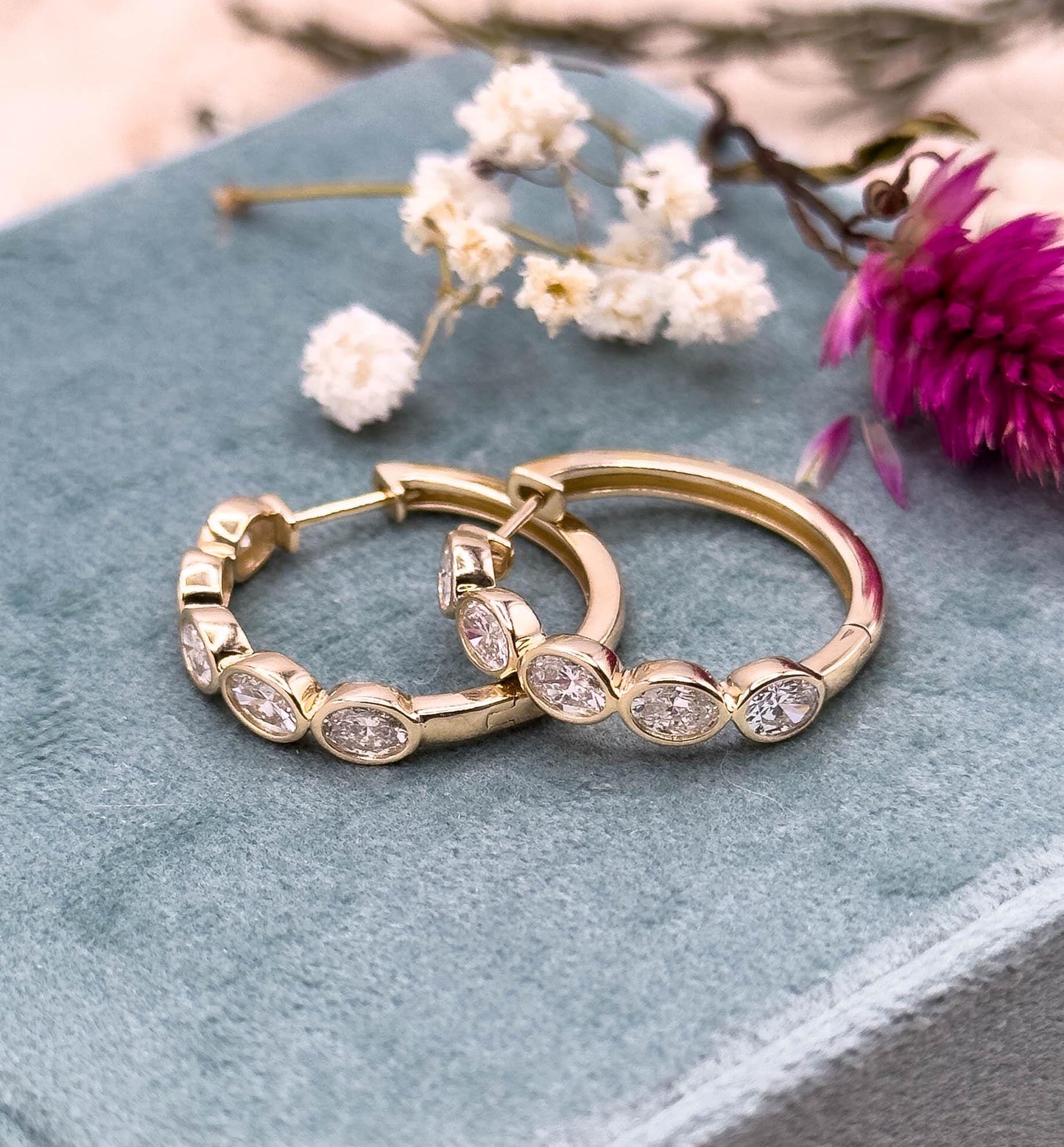 Estate Bezel Set Lab Diamond Hoop earrings in 14K 2.00ctw Oval Diamond Hoops