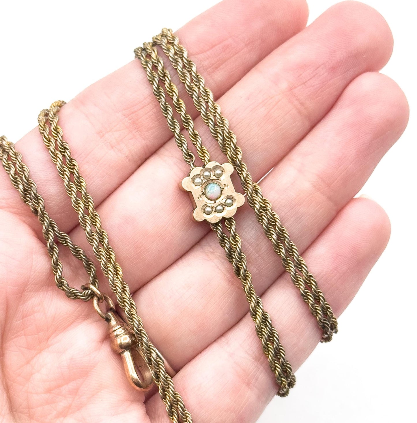 Antique Victorian Gold Filled Long Guard Chain with Opal Pearl Slider (AS IS)