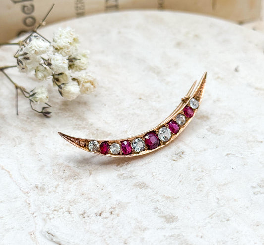 Victorian Crescent Moon Brooch with Red and White Gems in 10K Yellow Gold