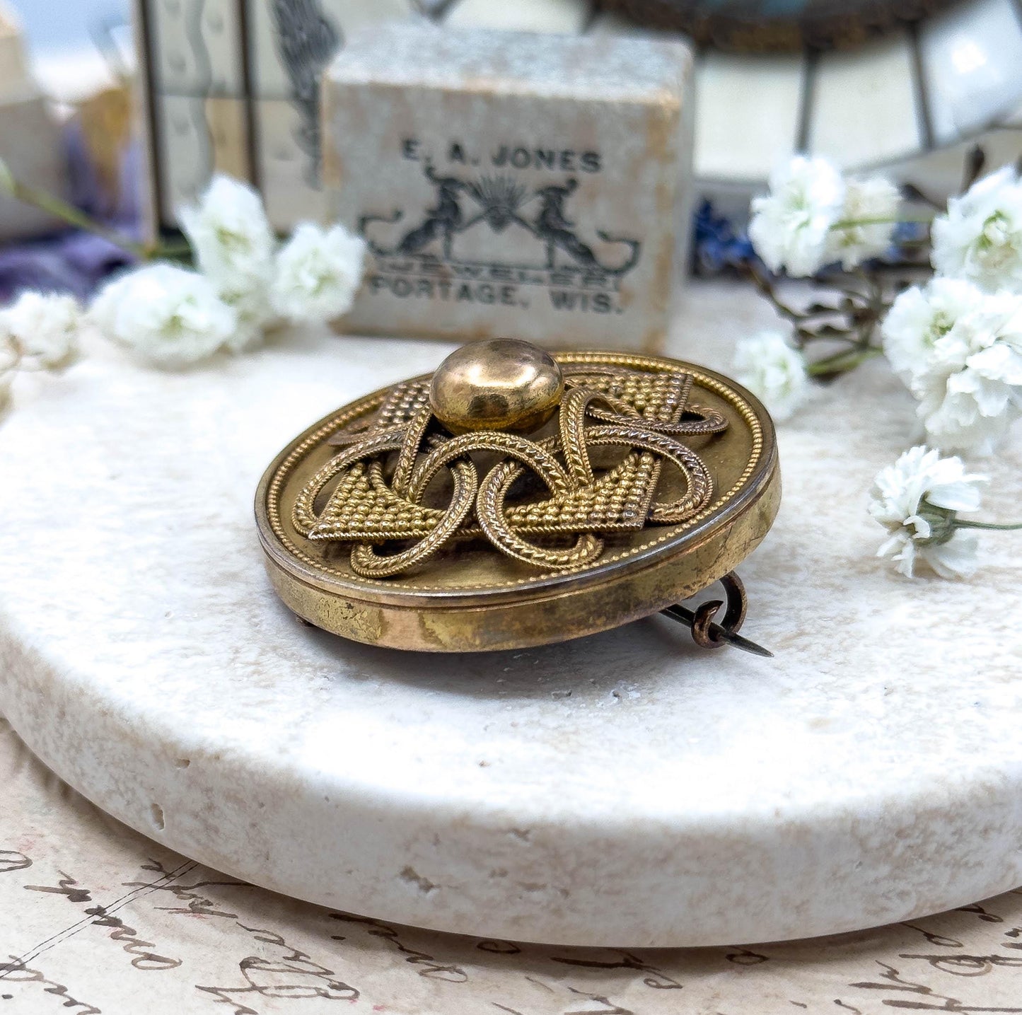 Antique Victorian Mourning Brooch in 14K Gold Etruscan Revival Woven Hair Locket Sentimental Jewelry