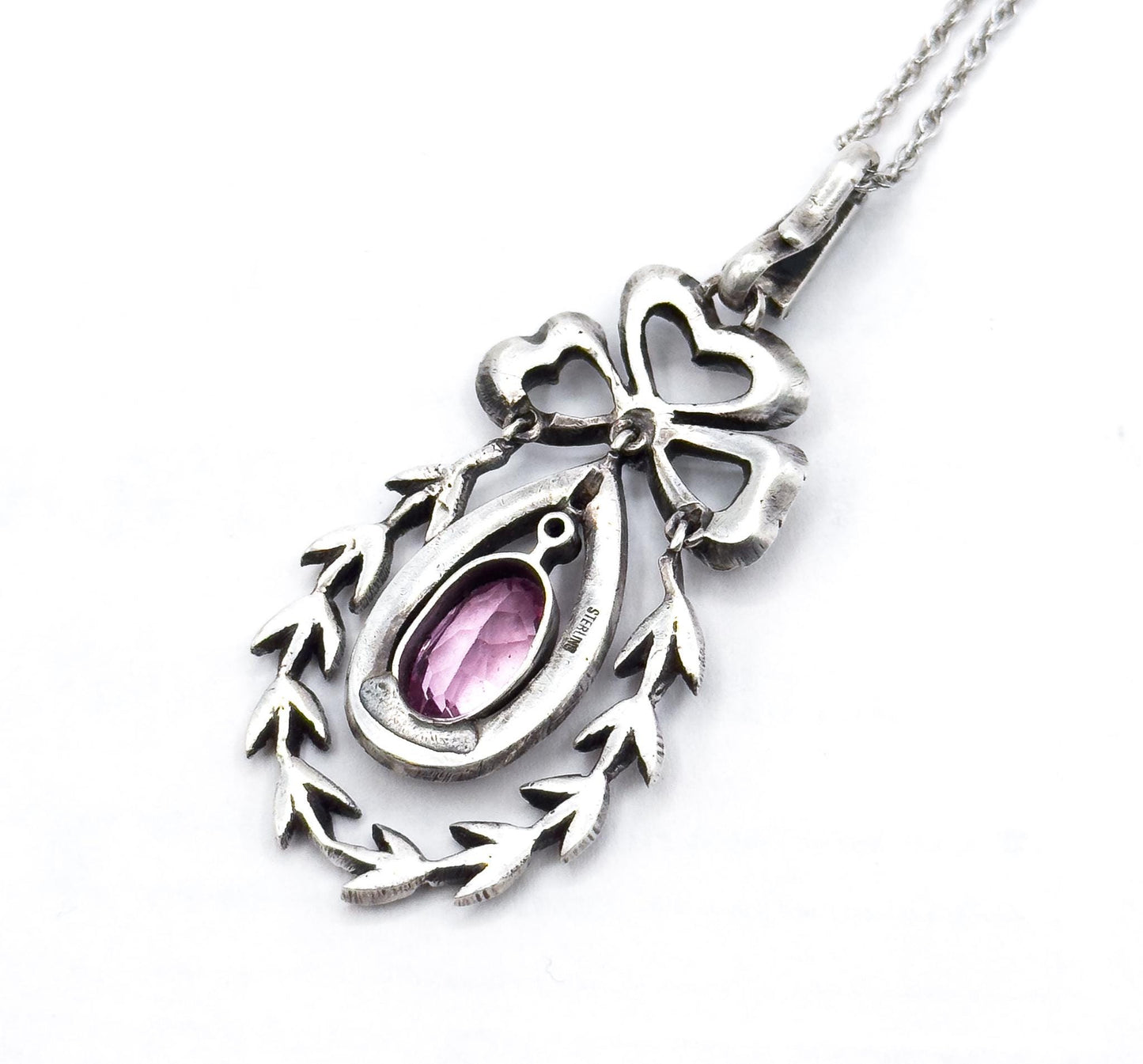 Antique Edwardian Paste Pendant: Sterling Silver Bow, Garland Style, 24" Chain