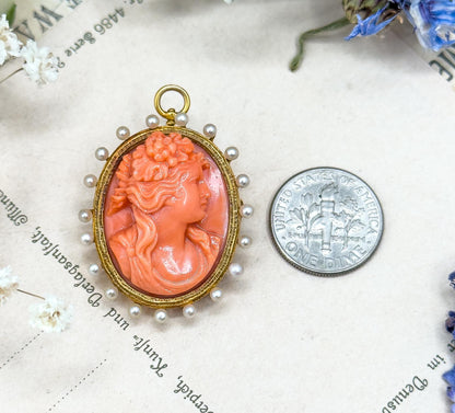 Antique Carved Coral Cameo Pendant Cameo Brooch in 18K Yellow Gold w Seed Pearl halo