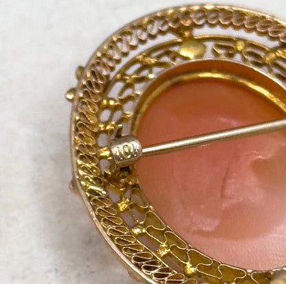 Antique Diana Cameo Brooch: 10K Gold Filigree, Seed Pearls