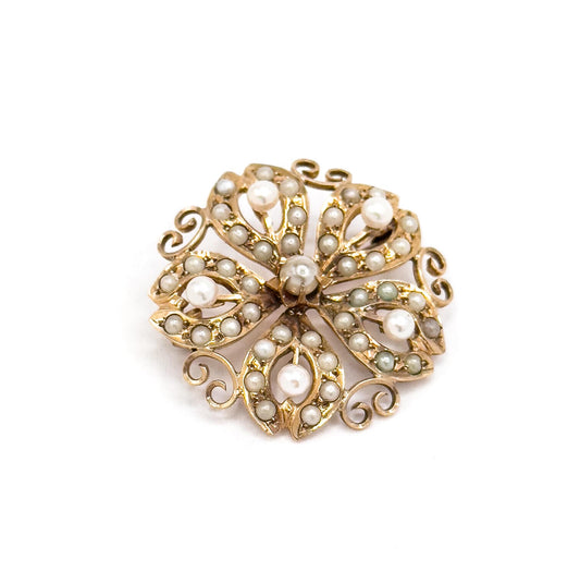 Edwardian 10K Yellow Gold Snowflake Brooch: Antique Seed Pearl Pin