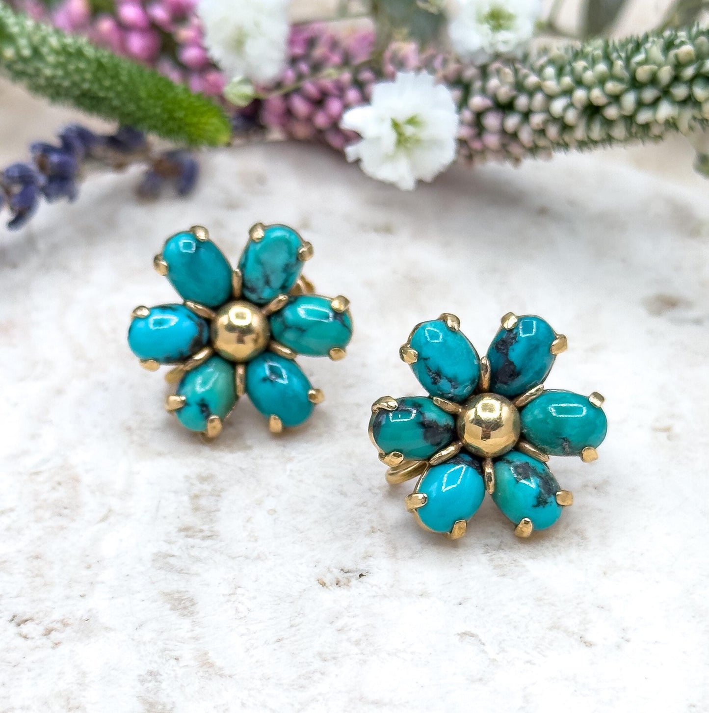 Vintage MidCentury Brooch  & Earring Set with Turquoise in 14K Yellow Gold