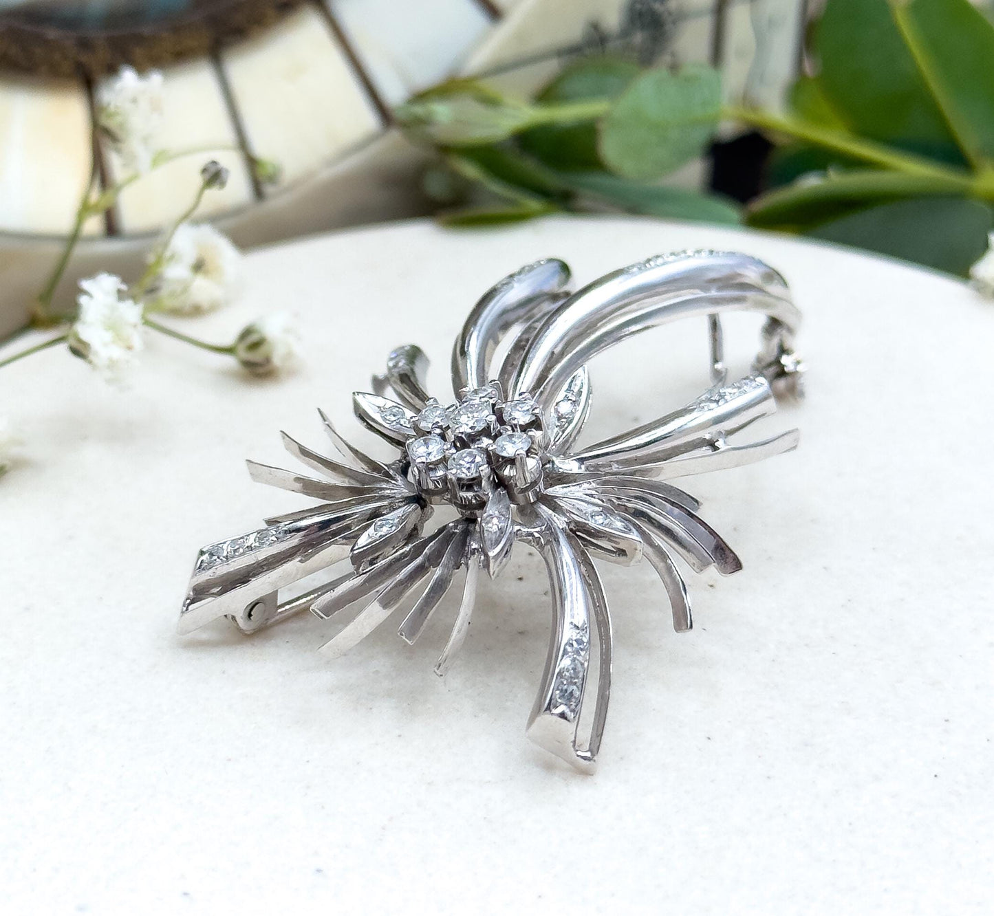 Vintage Diamond Brooch in 18K White Gold Mid Century Brooch Starburst