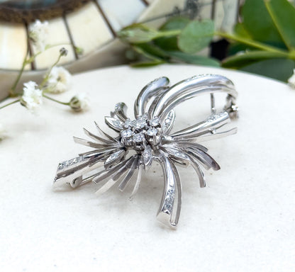 Vintage Diamond Brooch in 18K White Gold Mid Century Brooch Starburst