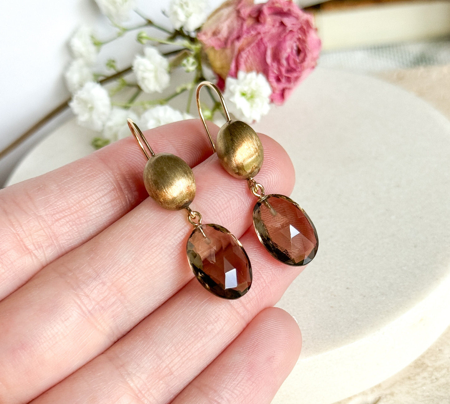 Vintage Smoky Quartz Drop Earrings in 14K Yellow Gold