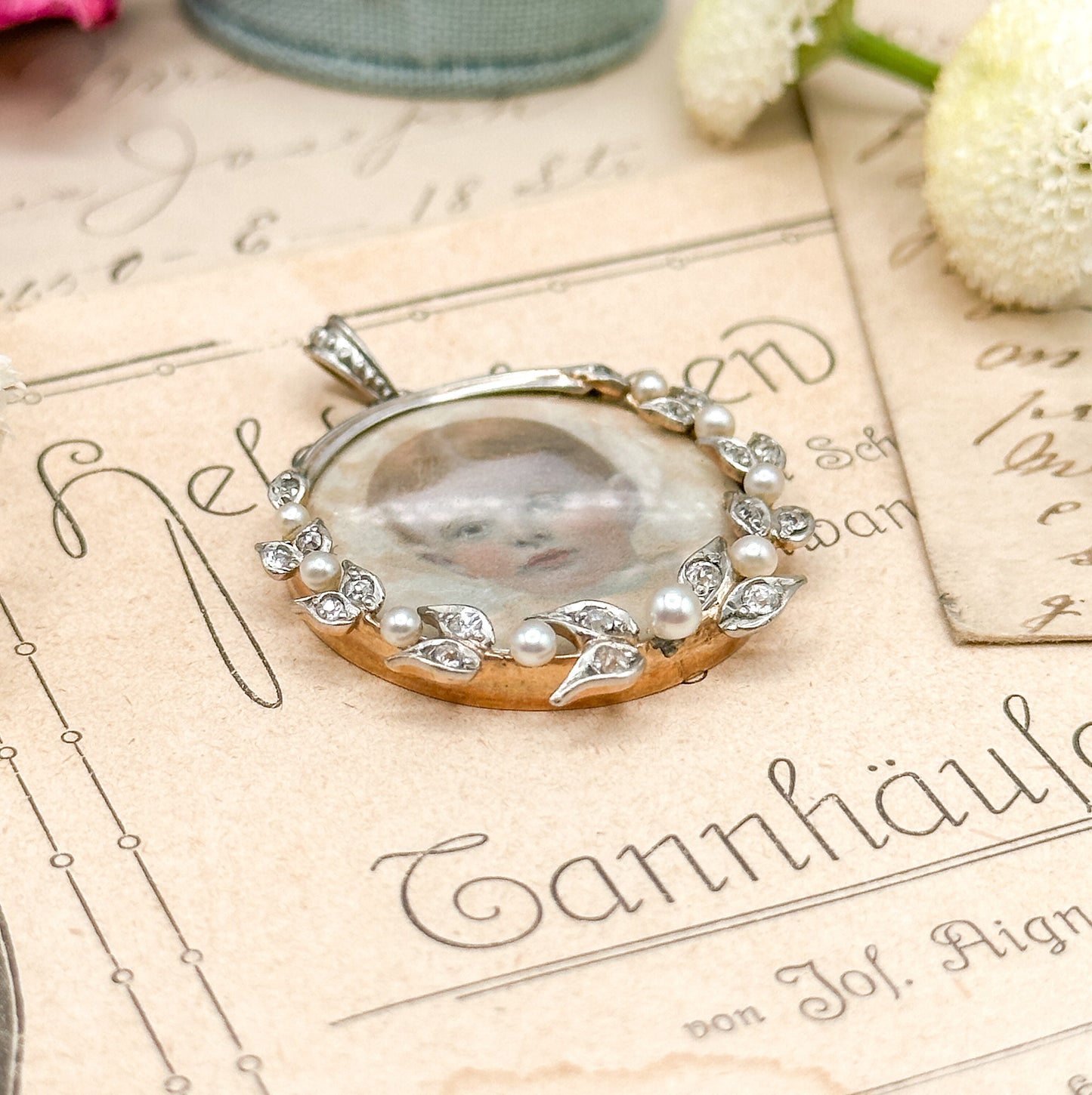 Antique watercolor portrait miniature in Platinum and 14k Gold Edwardian Portrait Pendant Locket