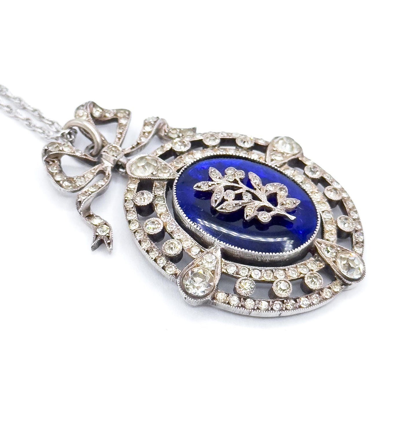 Antique Edwardian Garland Style Bow Necklace with Paste Gems in Silver w Blue Bristol Glass