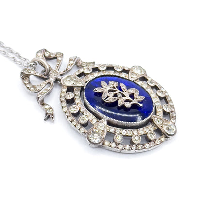 Antique Edwardian Garland Style Bow Necklace with Paste Gems in Silver w Blue Bristol Glass