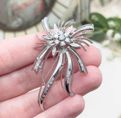 Vintage Diamond Brooch in 18K White Gold Mid Century Brooch Starburst