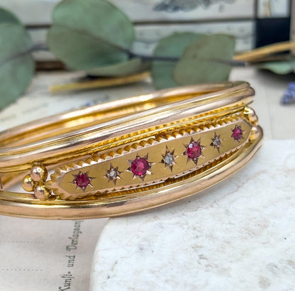 Antique 9ct Gold Garnet Bangle Bracelet: Victorian Rose Cut Diamond Jewelry