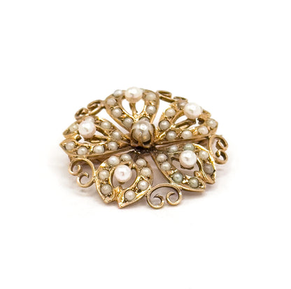 Edwardian 10K Yellow Gold Snowflake Brooch: Antique Seed Pearl Pin
