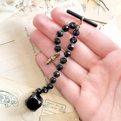 Victorian Ladies French Jet Watch Chain Fob Black Glass w T Bar