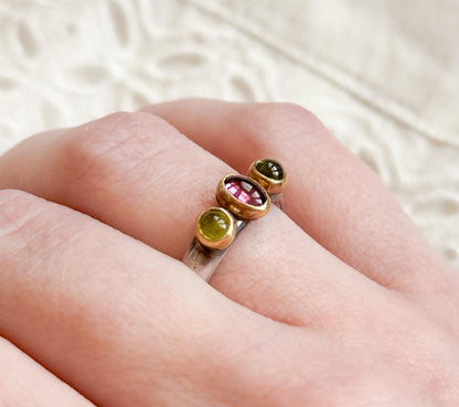 Handmade Three-Stone Peridot Garnet Ring Sterling Silver 22K Gold