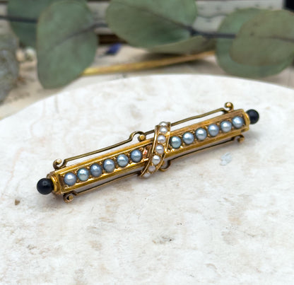 Victorian 14K Gold Bar Brooch: Seed Pearls & Black Enamel