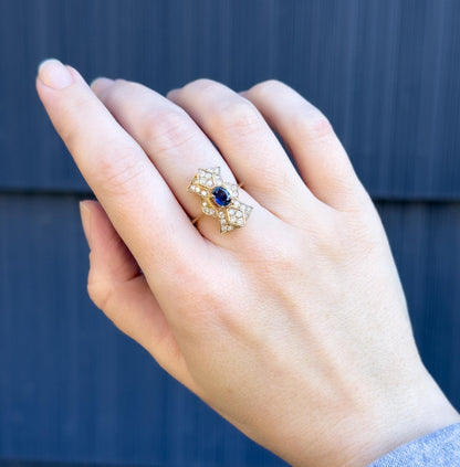 Vintage Pave Diamond & Blue Sapphire Shield ring in 14K Yellow Gold