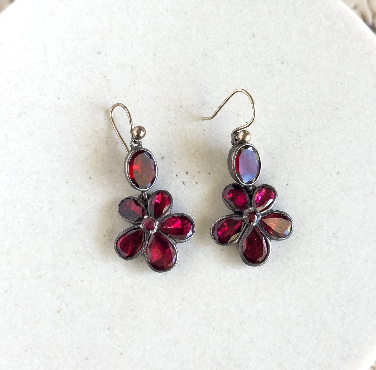 Antique Georgian Garnet Pansy Earrings Flat Cut Garnets