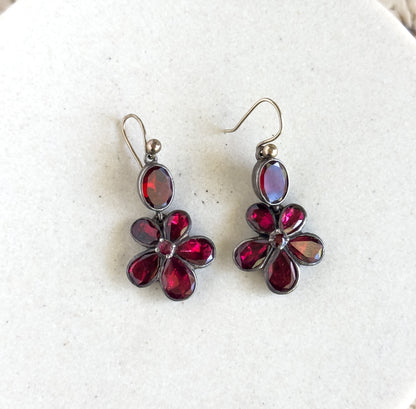 Antique Georgian Garnet Pansy Earrings Flat Cut Garnets