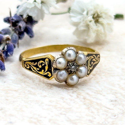georgian mourning ring w black enamel and rose cut diamond
