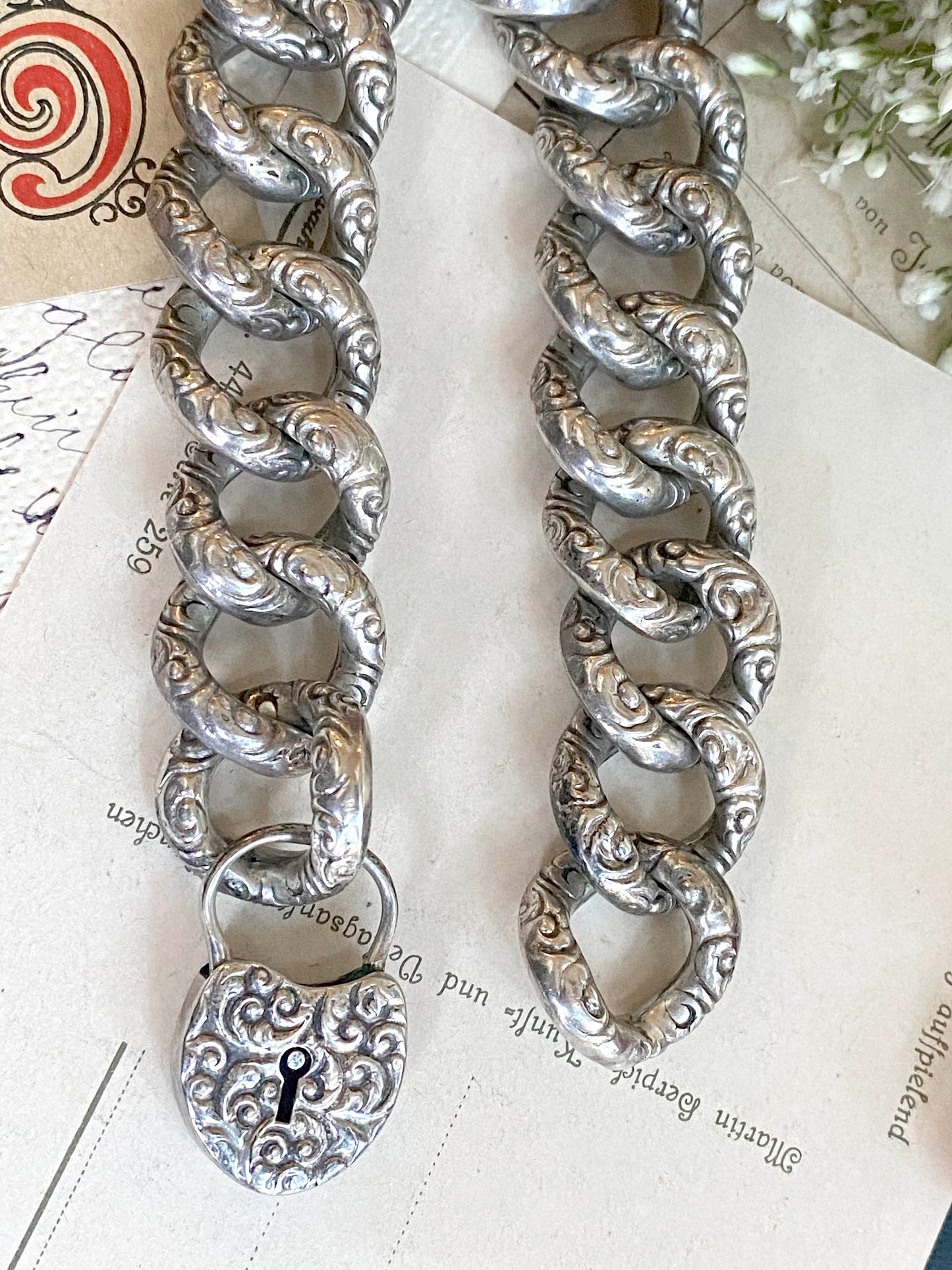 Victorian Repousse Puffy Link Chain Bracelet in Silver w Padlock heart