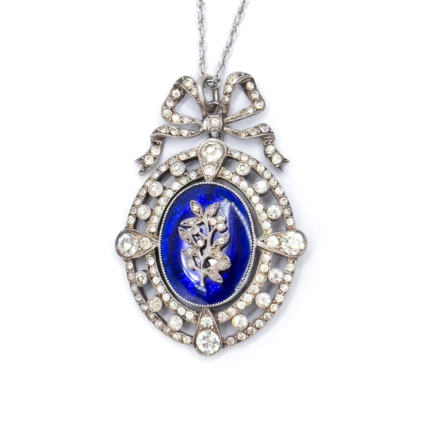 Antique Edwardian Garland Style Bow Necklace with Paste Gems in Silver w Blue Bristol Glass