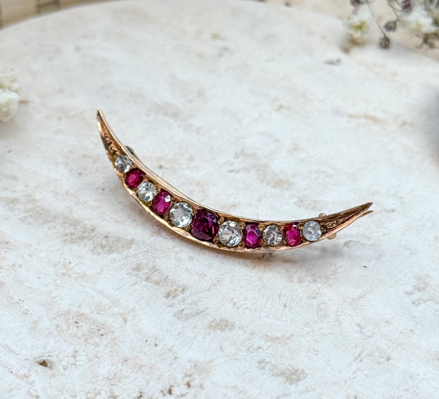 Victorian Crescent Moon Brooch with Red and White Gems in 10K Yellow Gold