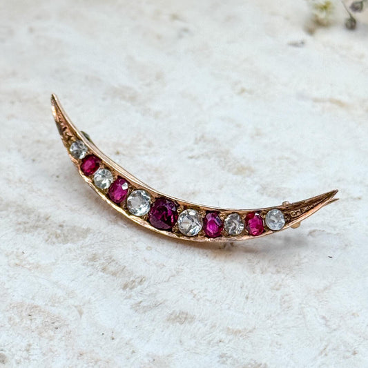 Victorian Ruby Crescent Moon Brooch in 10K Gold