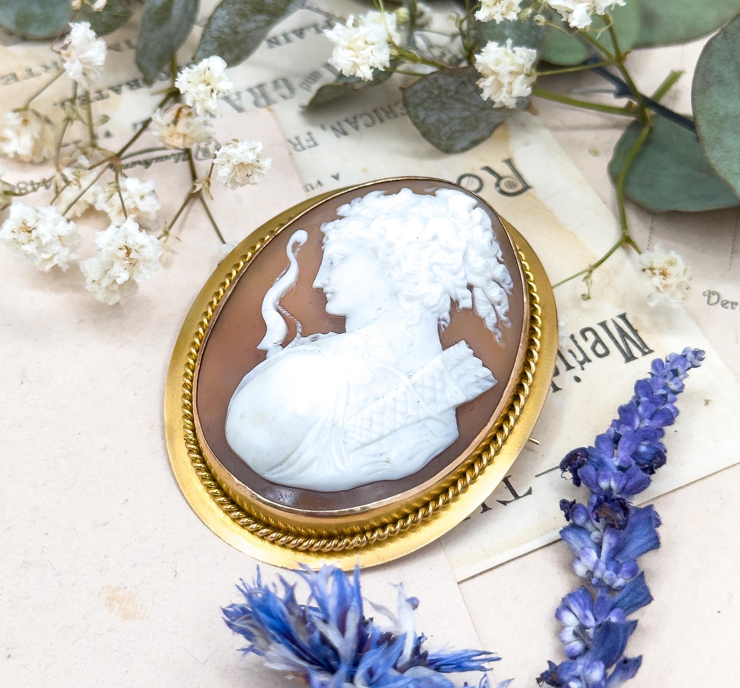 Exceptional Antique Carved Cameo of Artemis in High Relief Diana the Hunter in 14K Gold