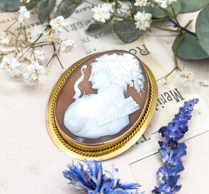 Exceptional Antique Carved Cameo of Artemis in High Relief Diana the Hunter in 14K Gold