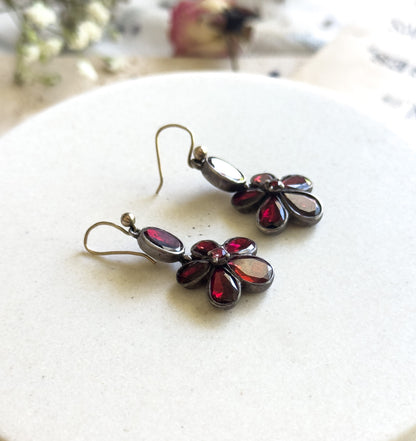 Antique Georgian Garnet Pansy Earrings Flat Cut Garnets
