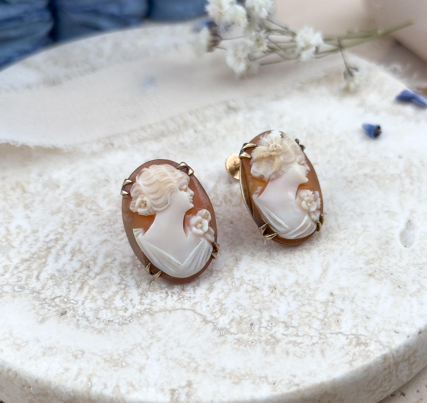 Boxed Antique Shell Cameo Earrings 10K Gold w Screw Backs