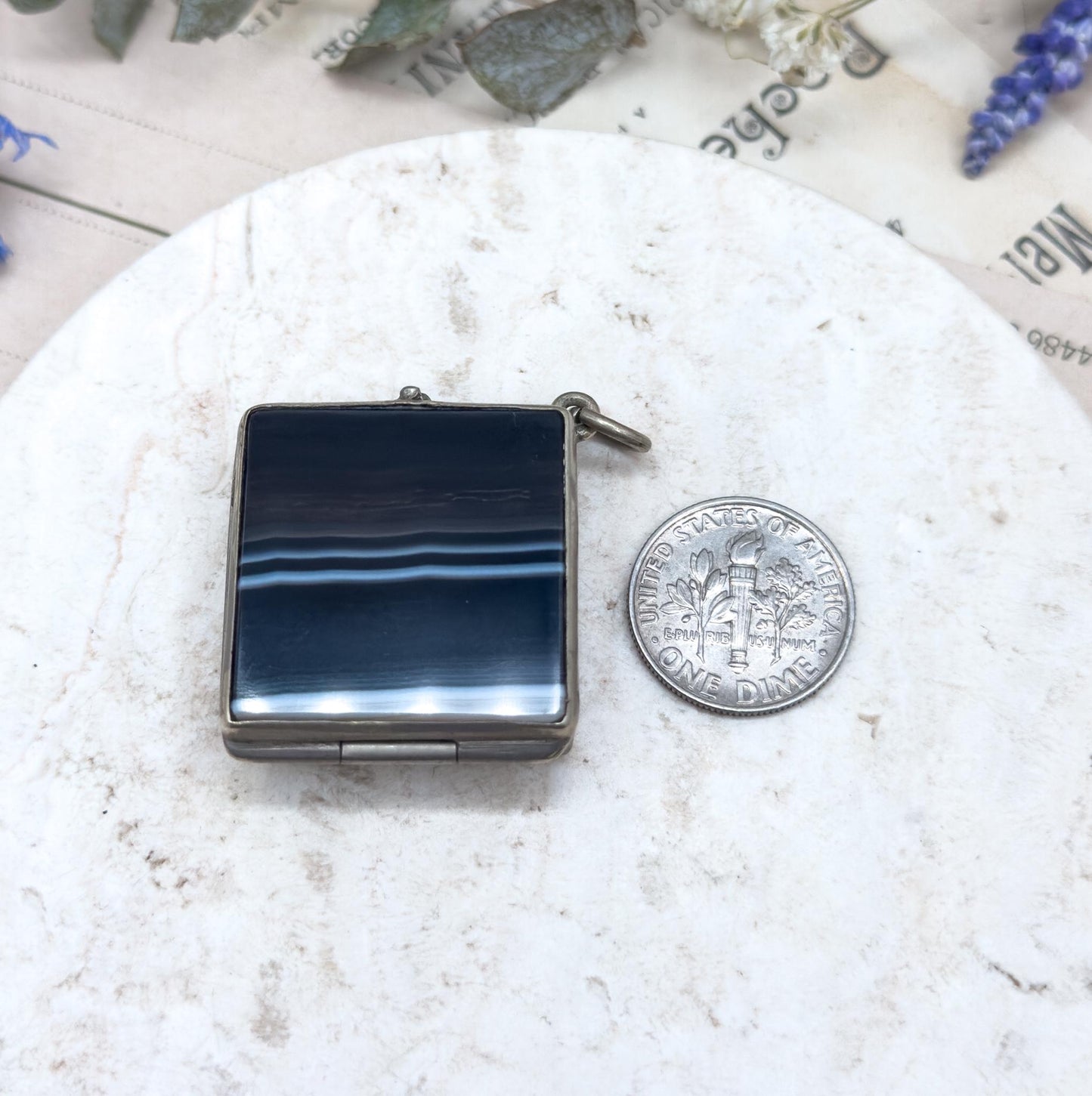 Victorian Banded Agate Box Pendant: Antique Snuff Trinket Box, 1800s