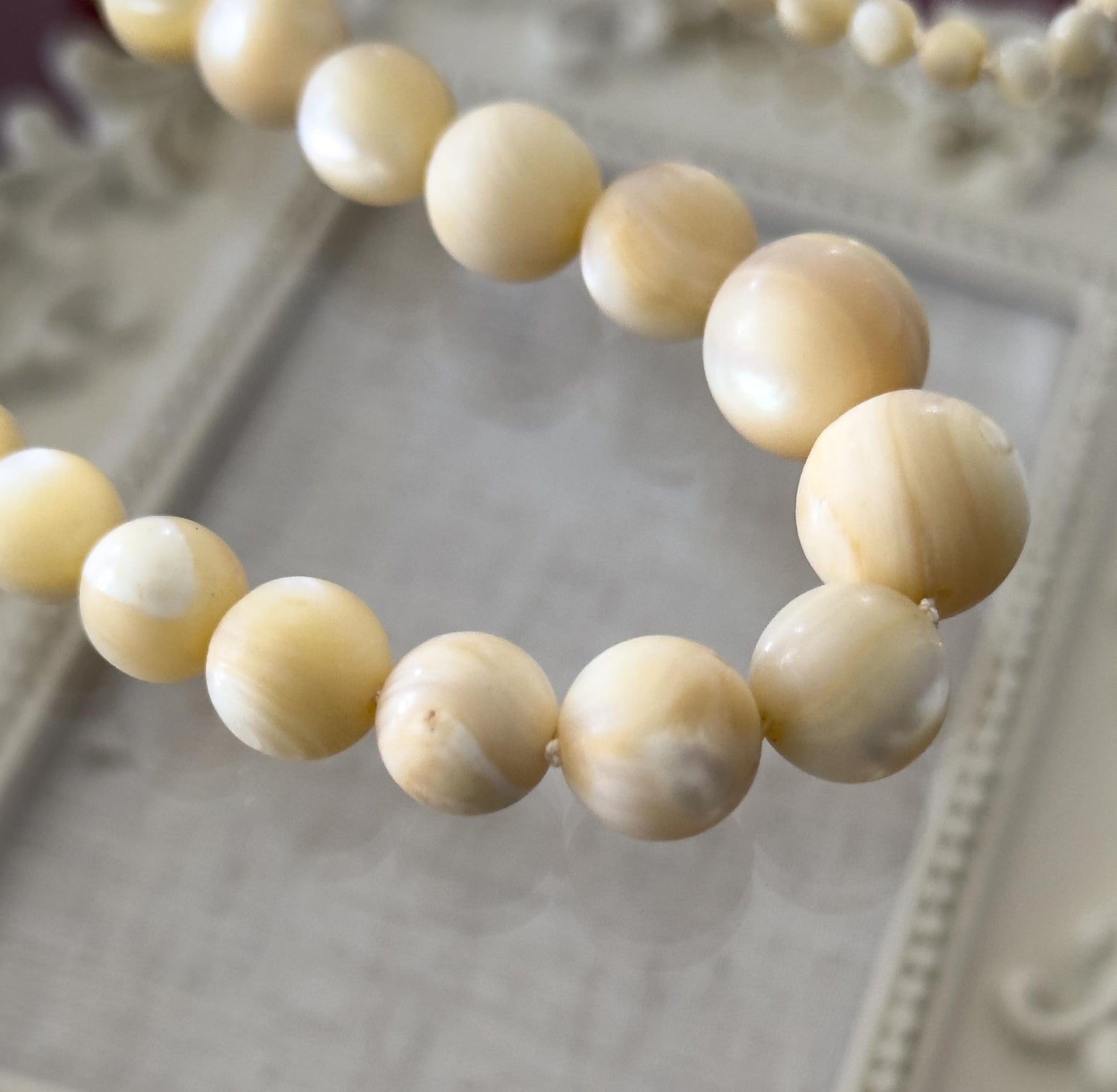 Antique Mother of Pearl Graduated Beaded necklace with 14K White Gold Clasp