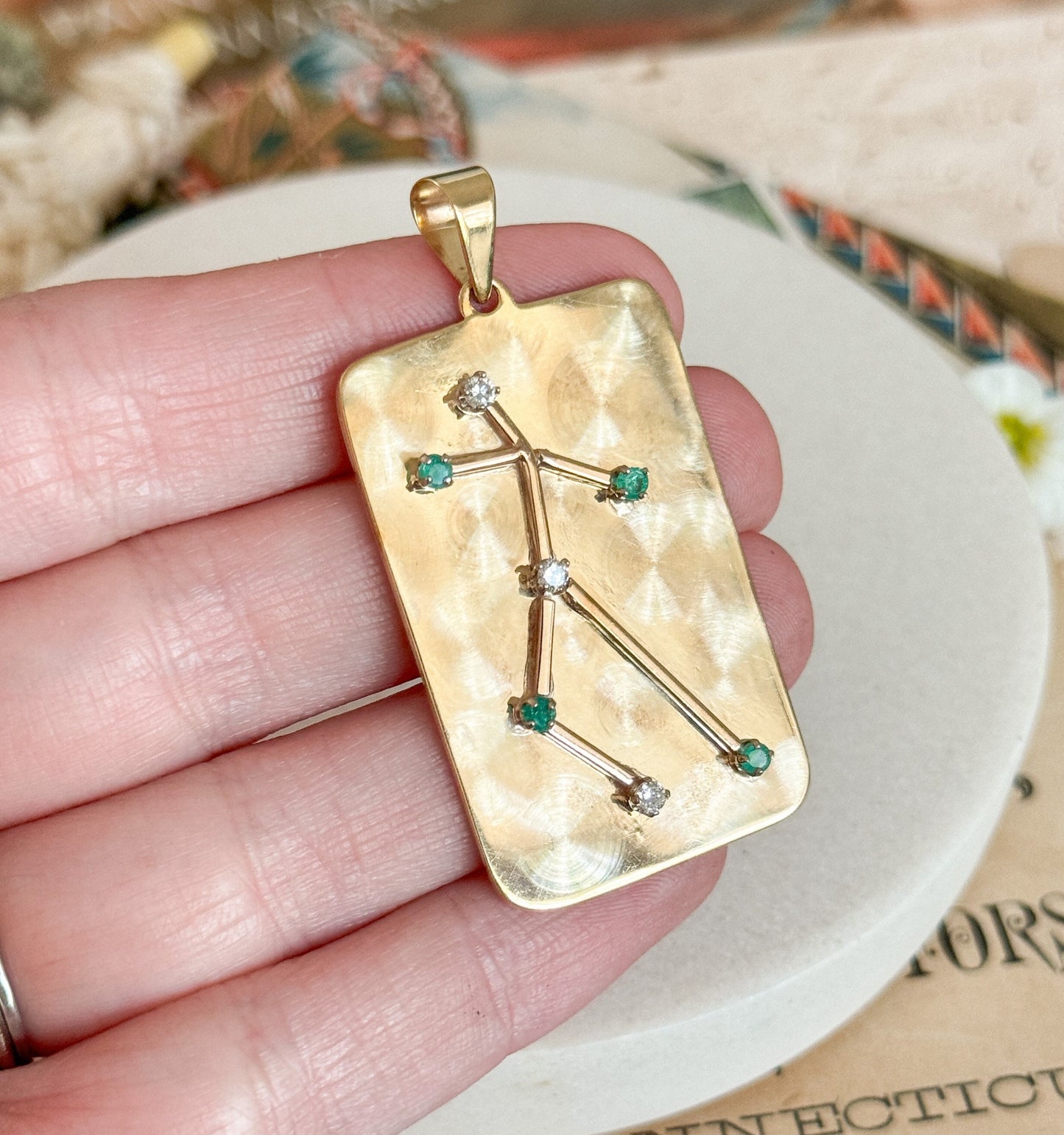 Unique Vintage Figure Pendant with Emerald & Diamonds in 14K Gold