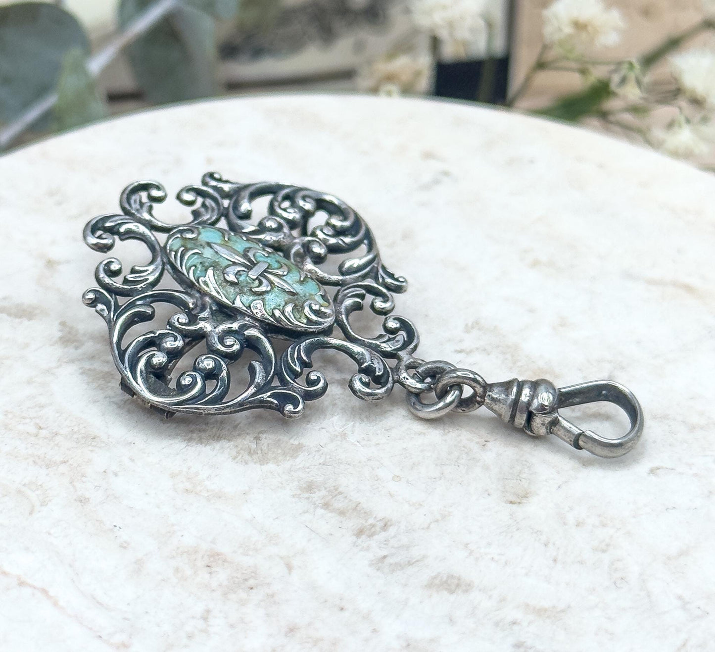 Victorian Watch Pin with Swivel Clasp in Blue Enamel Brooch